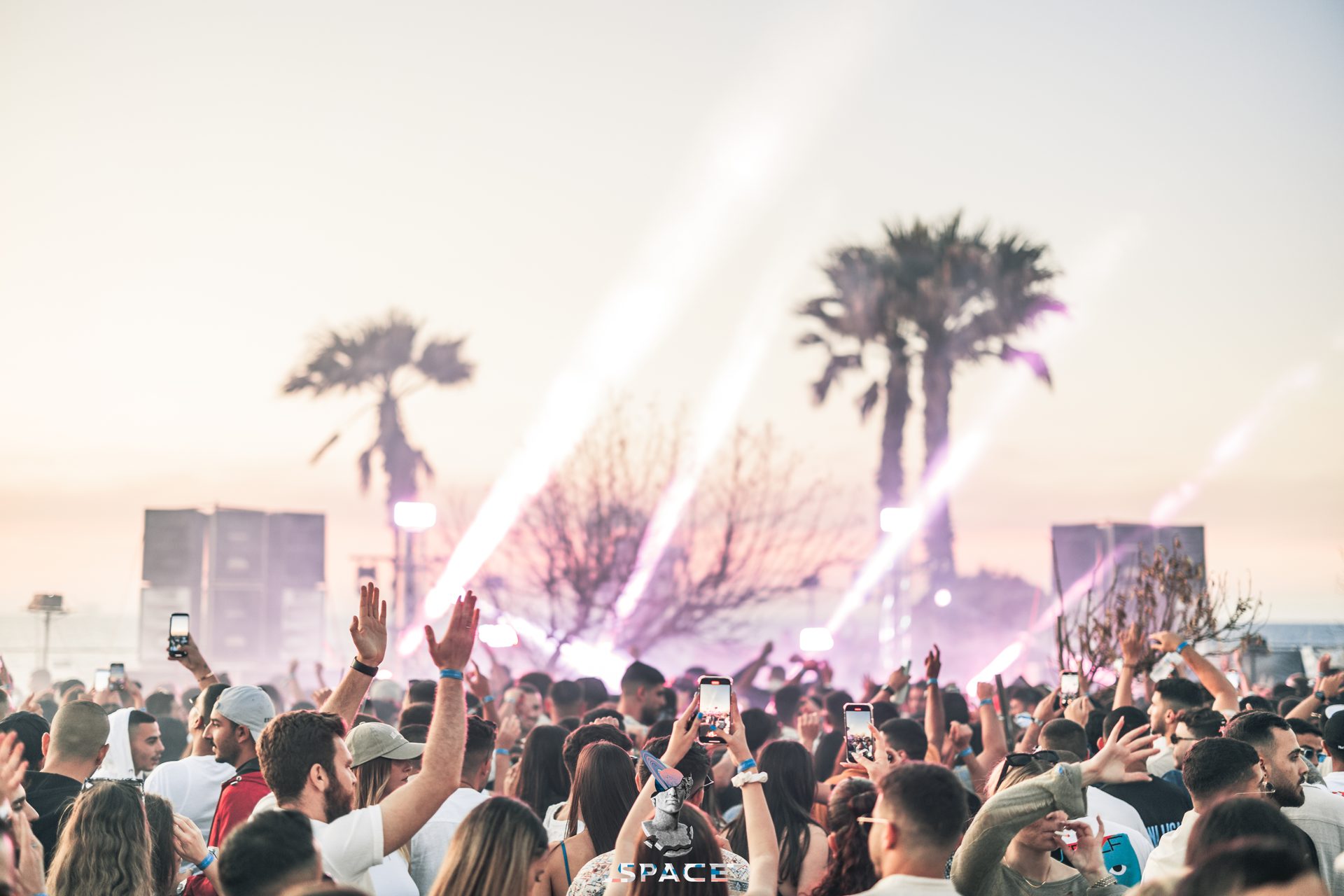 Daylight beams over a SPACE crowd between palm trees